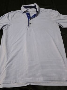 Greyson Men's Light Blue Micro-Stripe Golf Polo with Navy Placket